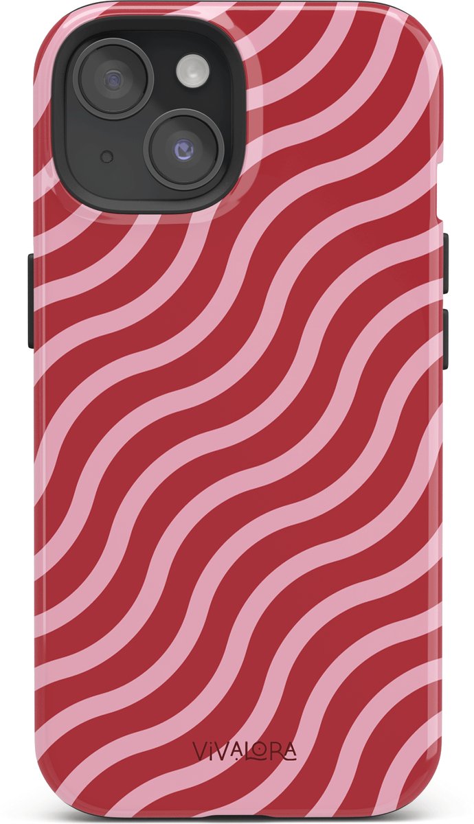 VivaLora Tough Telefoonhoesje iPhone 15 met MagSafe - Wine Flow Print - 2-in-1 Phone Case - Hard Case & Siliconen Back - Extra Bescherming - Shockproof - Golvende strepen - Bordeaux/Roze