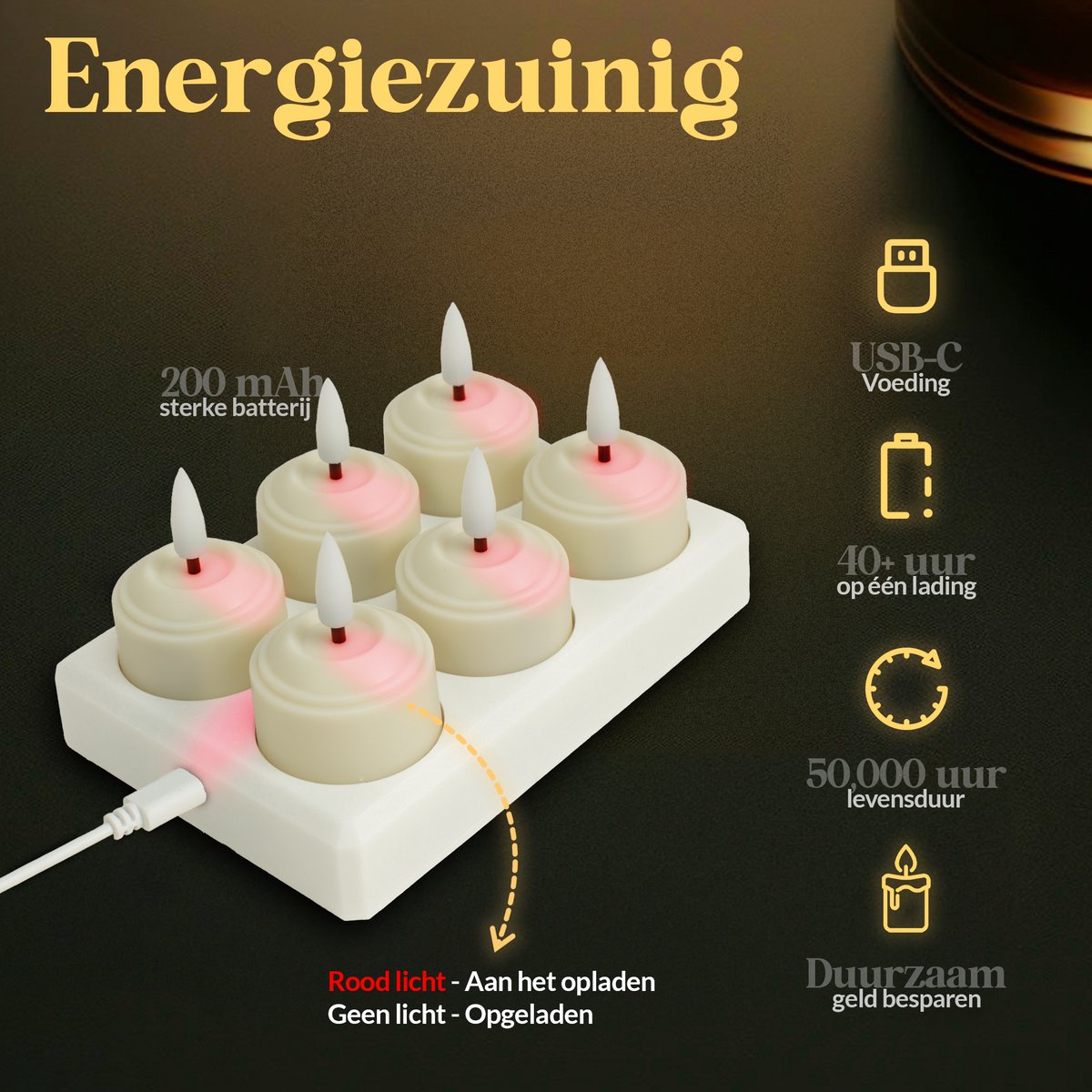 Aurae Oplaadbare Waxinelichtjes 6x - Theelichtjes Oplaadbaar - 40+ Branduren - Led Kaarsen met Afstandsbediening - Flikkerende Vlam - met Lader - Kerst Kaarsen — cadeau in Wonen & Interieur - foto 8