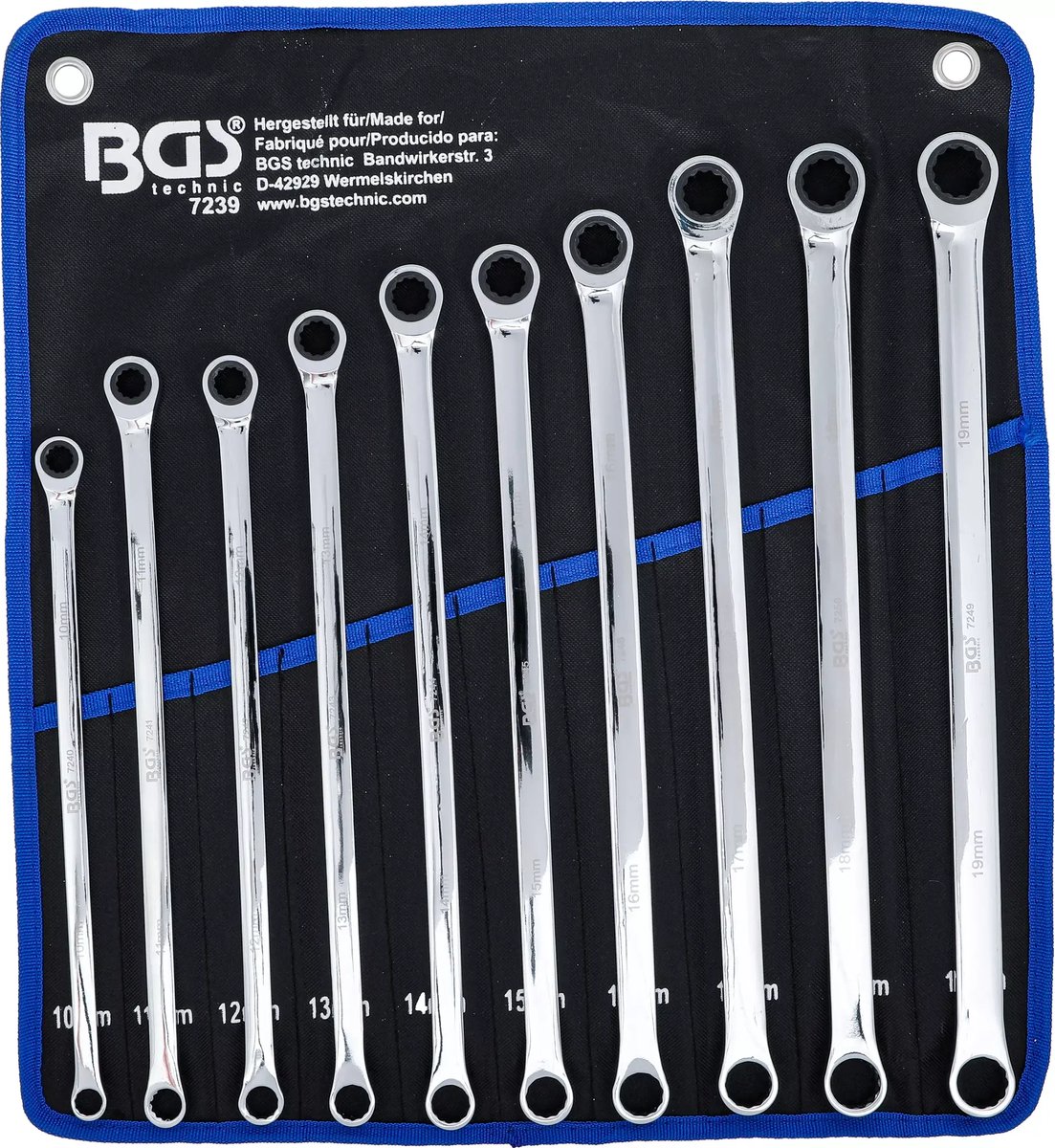 BGS Set ratelring- en ringsleutel - extra lang - 10 - 19 mm - 10 delig