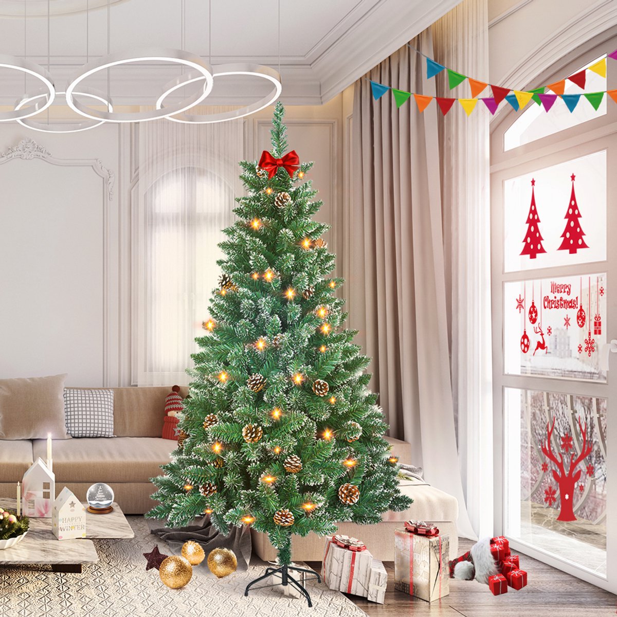 180CM Kunstkerstboom, Dennenboom, Kunstboom Wit & Groen met Sneeuweffect + Dennenappels, PVC Kerstboom inclusief Standaard – foto 6