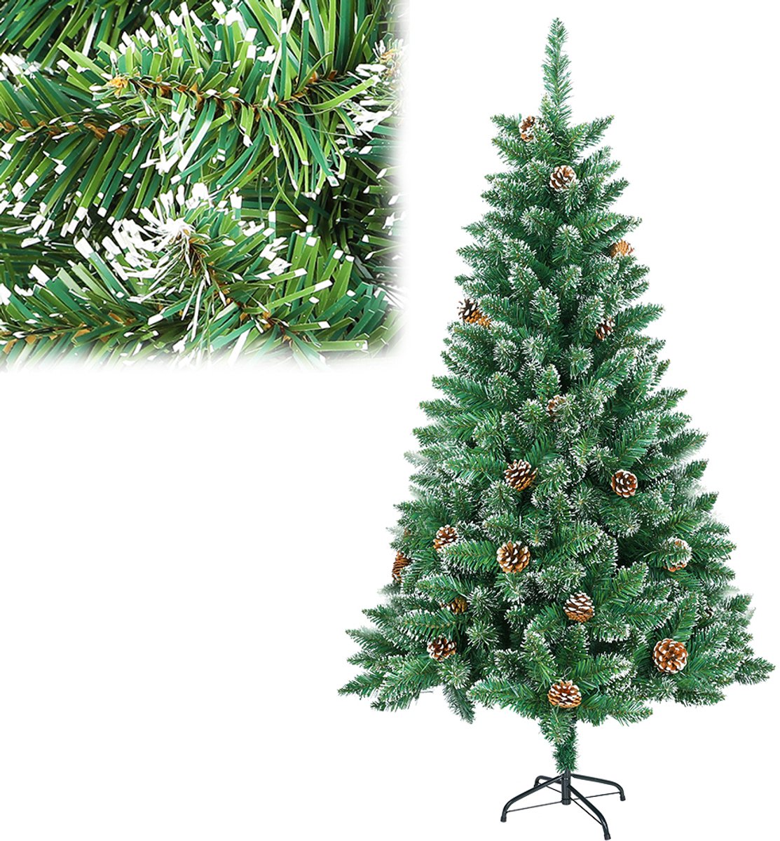 210CM Kunstkerstboom, Dennenboom, Kunstboom Wit & Groen met Sneeuweffect + Dennenappels, PVC Kerstboom inclusief Standaard