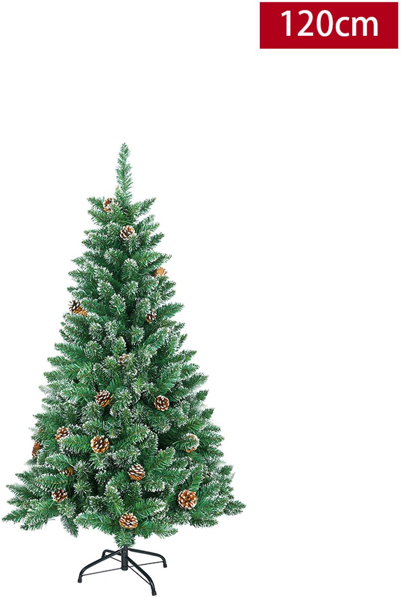 120CM Kunstkerstboom, Dennenboom, Kunstboom Wit & Groen met Sneeuweffect + Dennenappels, PVC Kerstboom inclusief Standaard