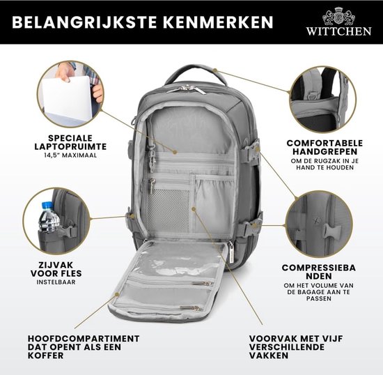 WITTCHEN Multifunctionele 2 in 1 reisrugzak | Grote capaciteit, handbagage, rugzak | Laptopcompartiment, Casual Daypack | 40x25x20 cm, compatibel met Wizz Air, LOT, Ryanair | Grijs