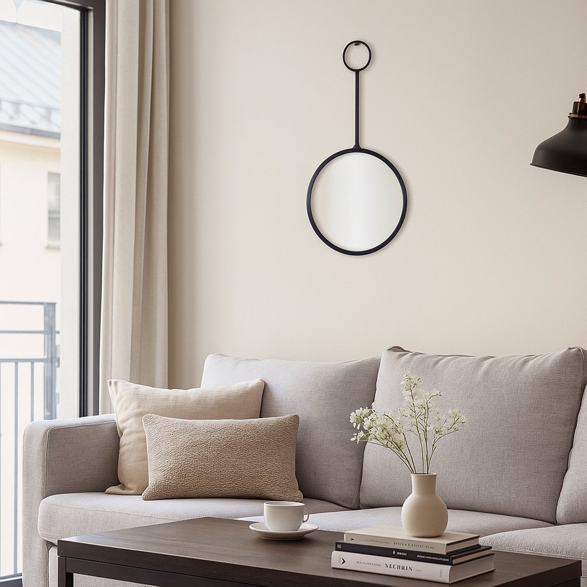 Stoere Industriële spiegel XAVANA met zwarte poedercoating - Zwart - Ø 25 x 51 cm