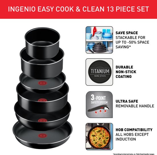Tefal Ingenio Easy Cook & Clean - Pannenset - 13-delig - Niet Geschikt voor Inductie - Stapelbaar - Afneembare Handgreep