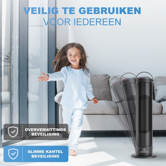 Aironex Elektrische Kachel 2000 Watt - Keramische Zwarte Kachelventilator - Electrische Kachel - Verwarming Elektrisch - Heater - Ventilatorkachel met afstandsbediening en timerfunctie - Krachtige Keramische Kachel