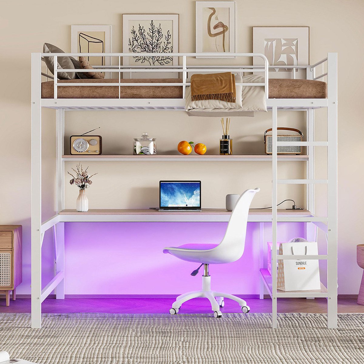 BLACKCOLORS Hoogslaper, 140*200 cm, leuning, opstapje, met USB en stopcontact, sfeerverlichting met afstandsbediening, bureau, plank met meerdere niveaus, zonder matras, metaal, wit