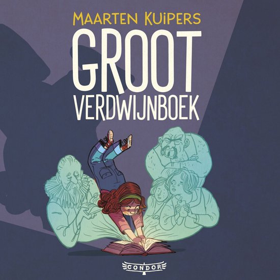 Groot Verdwijnboek met een meisje dat midden op een open boek zit, omringd door spoken.