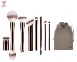 San Vitale® - Luxe Make up kwasten set - Brush - Oogschaduw penselen - Vegan penselen - Inclusief pouch - Make up pouch met 9-delig penselen set - Espresso/ Bruin