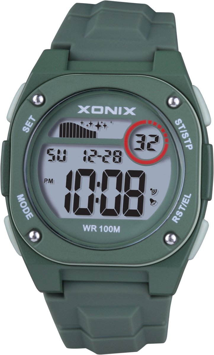 Xonix-herenhorloge-model bbm-003-digitaal-datum-stopwatch-2 tijdzones-timer-licht-12-24 uur aanduiding-100 meter waterdicht-groen