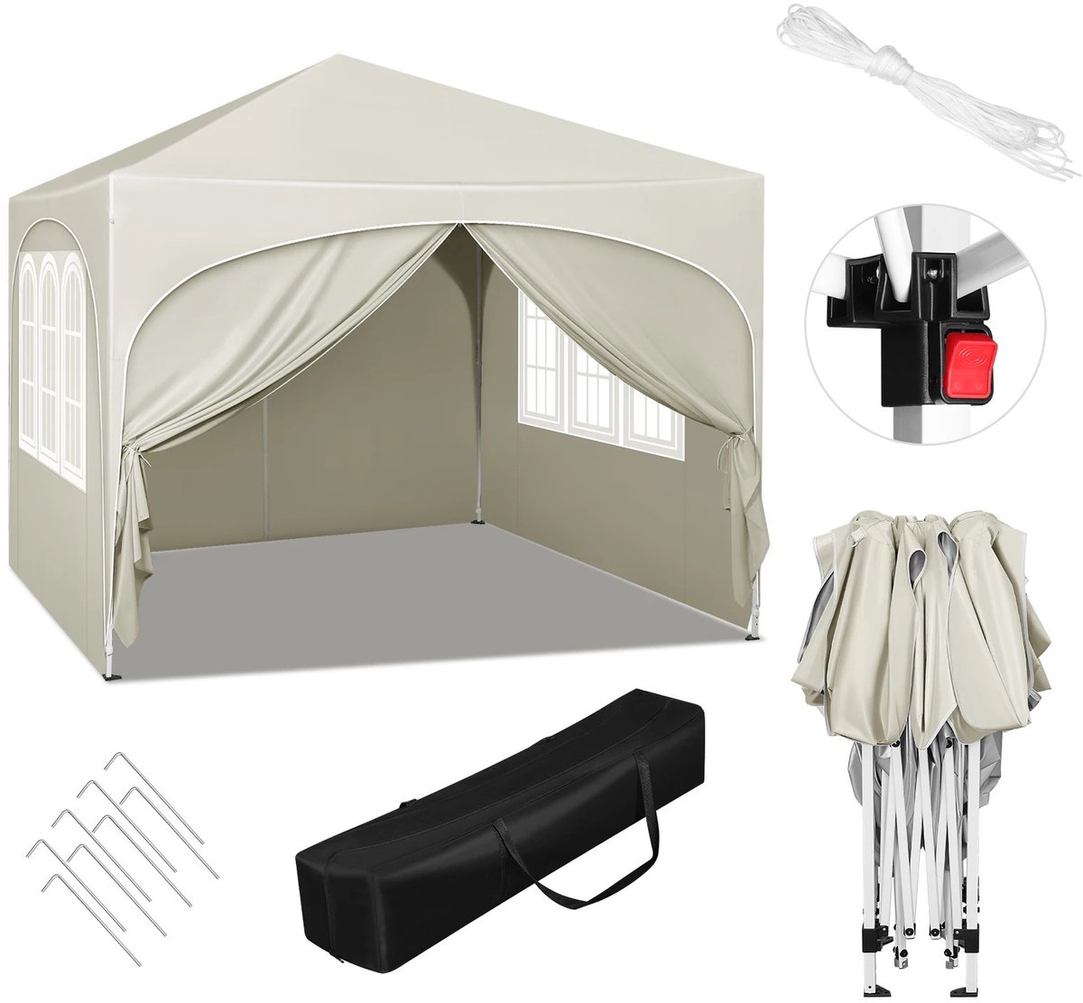 Beige opvouwbare partytent 3x3m - tuinpaviljoen met 4 zijwanden - verstelbare hoogte - waterafstotend - UV-bescherming - draagtas - geschikt voor 6-10 personen