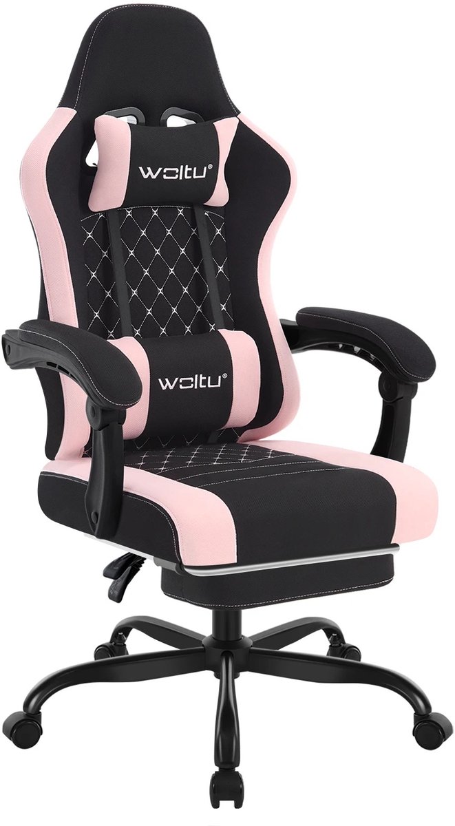 Zwarte / roze ergonomische gaming stoel 70x70x127 cm - bureaustoel met massagefunctie - verstelbare hoofdsteun en lendenkussen - voetensteun inbegrepen - draaibaar en kantelbaar - voor gamen en kantoor