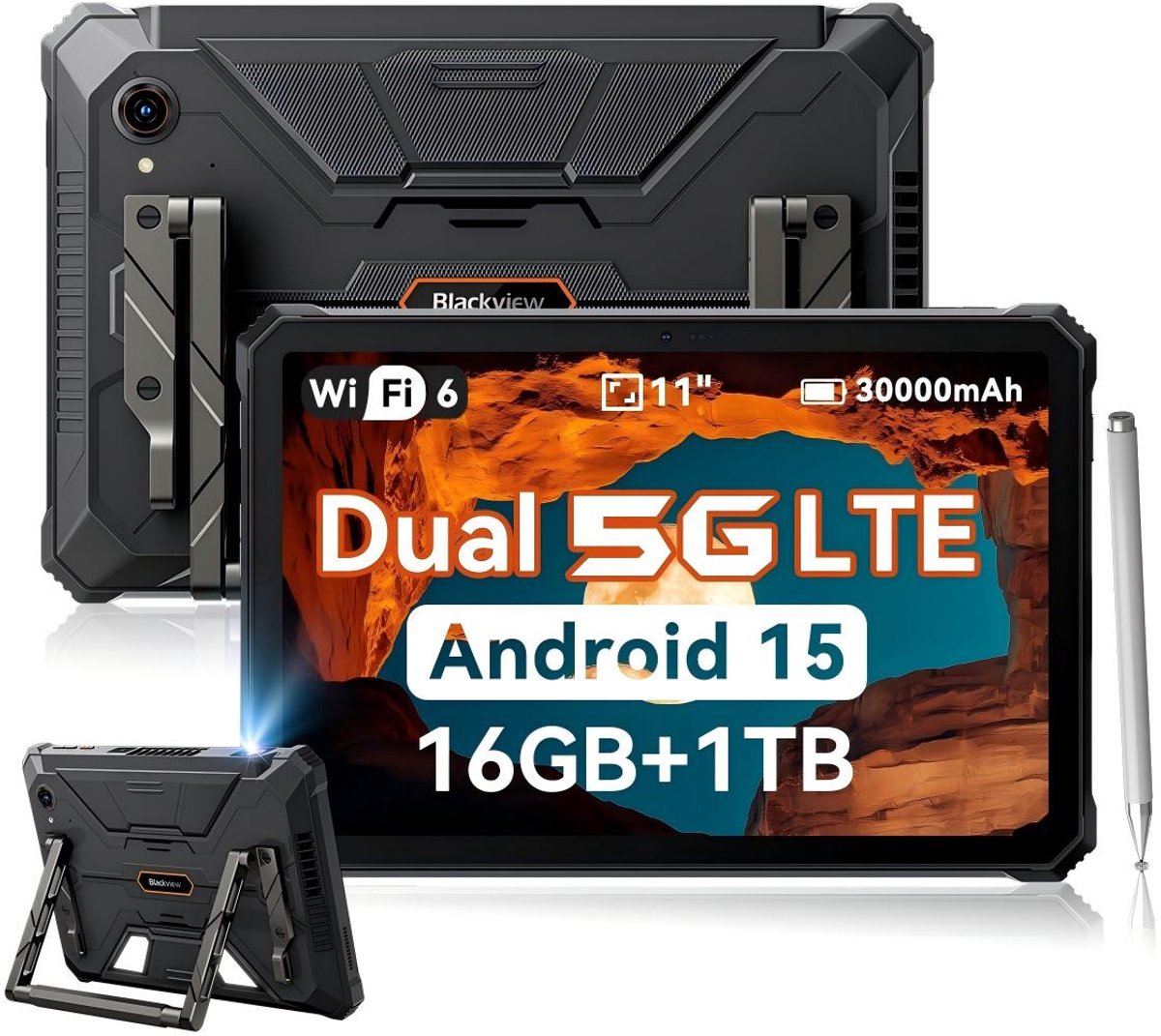 Blackview Active 12 Pro 5G Outdoor Tablet - 11 inch - 48 GB + 1 TB 30000 mAh 120 W snel opladen IP68 waterdicht 108 MP + 50 MP dual sim - zwart
