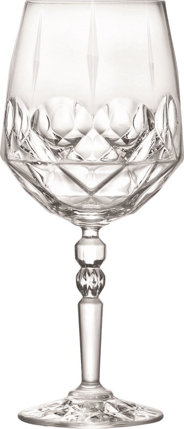 Transparant wijnglas met facetgeslepen kelk en voet, en een decoratieve steel.