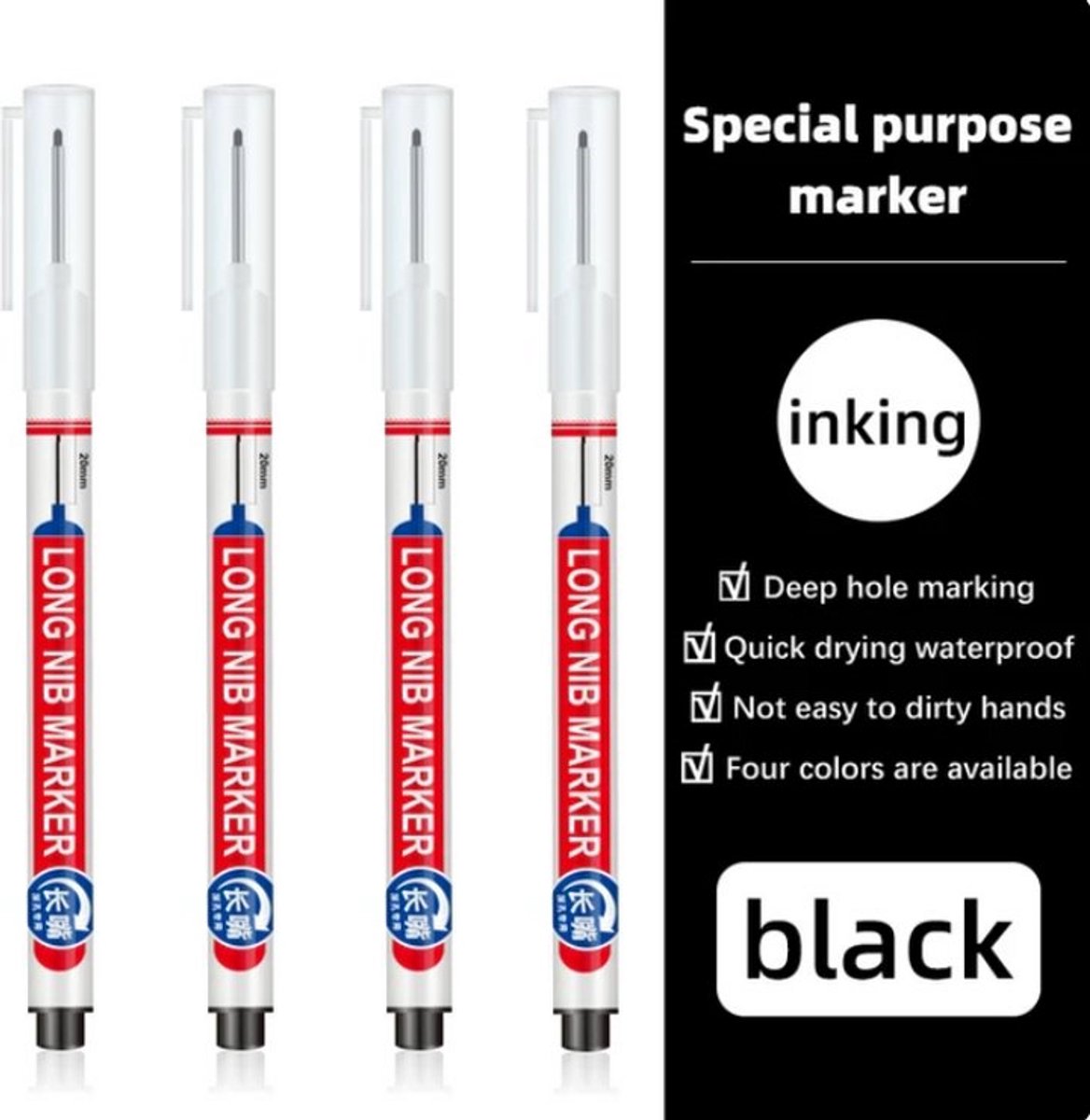 TLVX 4 stuks Verlengde Permanent Marker Zwart – Markeerstift - Markeer Timmerman potlood inkt – Bouw Markering stift – Timmermanspen - 20mm Long Tip Marker – Diep gat marker – Teken Hout, Metaal, Glas, Spiegel, Tegels, Beton, Keramiek – Zwarte inkt
