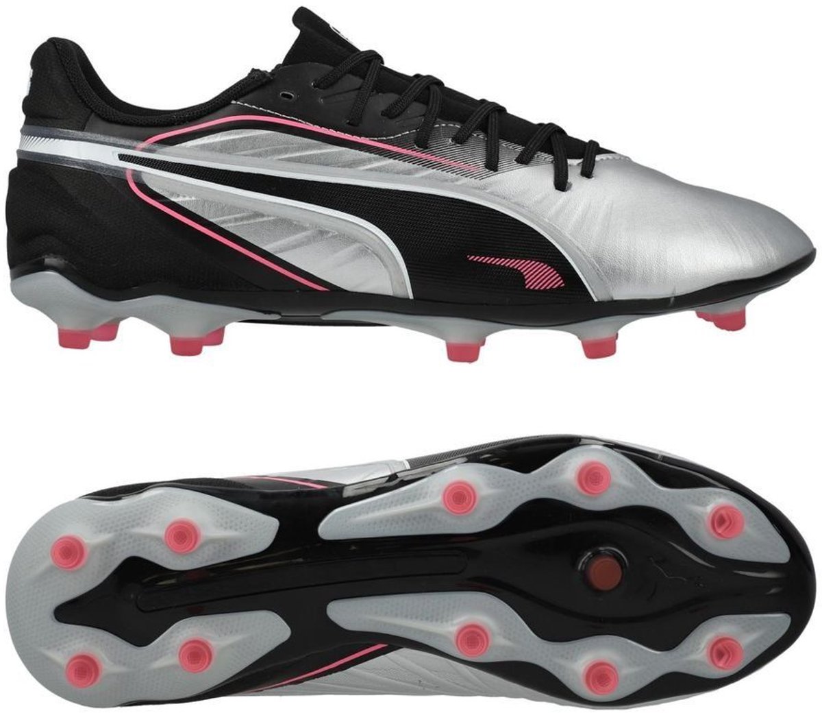 PUMA King Match FG/AG voetbalschoenen in zilver, zwart en sun struck, maat 39, met opvallend design en grip.