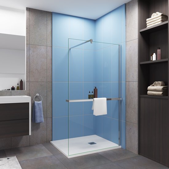 Moderne inloopdouche 100x200cm-8mm easy clean glas met planchet-F-stabilisatiestang 140cm-Snijbaar-glanzend chromen