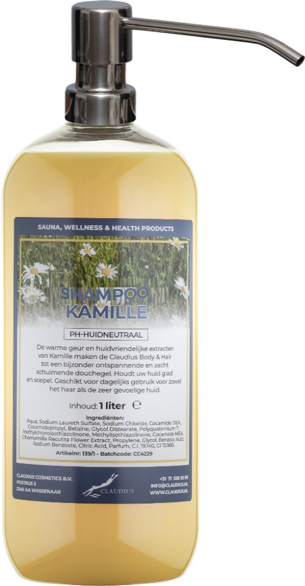 Shampoo Kamille - 1 liter (transparant) met zilveren pomp - Haarverzorging