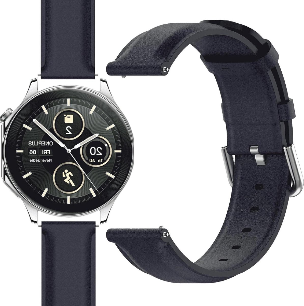 Band compatibel met OnePlus Watch 2-3, echt lederen vervangende horlogeband - marineblauw