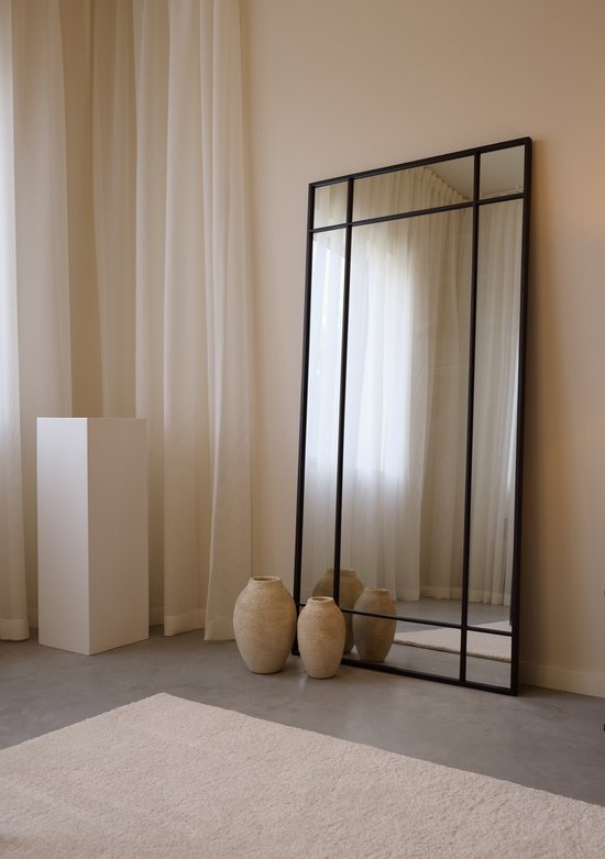 VIDI Elyse – Grand miroir avec grille Zwart – Miroir pleine longueur – Miroir mural, suspension horizontale et verticale possible – 90 x 180 cm – Acier