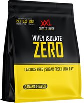 Zwarte zak met "XXL Nutrition Whey Isolate Zero" en "Bananensmaak" in gele letters. Lactosevrij, suikervrij, vetvrij.