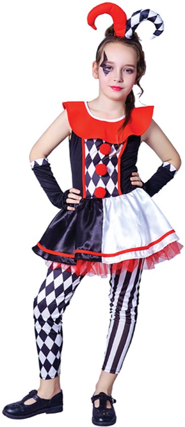 Kostuum Meisjes Joker – 10-12 Jaar – Inclusief Jurk, Broek, Haarband en Mouwen – Carnaval & Verkleedkleding