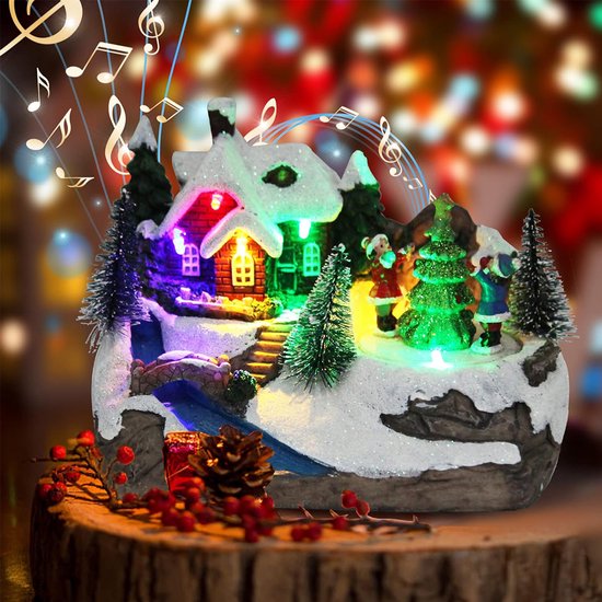 Gsedaox-kerstdecoratie-Kersthuisje Polyresin-kersthuisjes huis met verlichting-Verlicht en Muziek-16cm*10.5cm*14cm