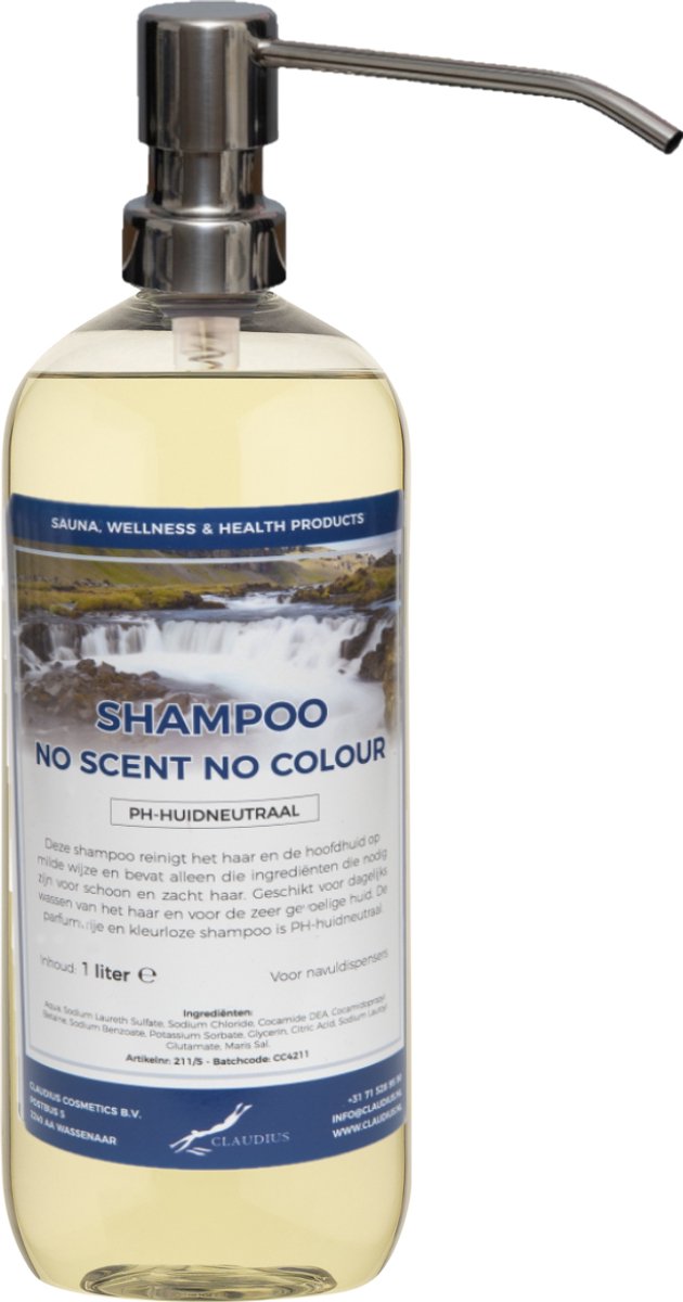 Shampoo No Scent No Colour - 1 liter (transparant) met zilveren pomp - Haarverzorging