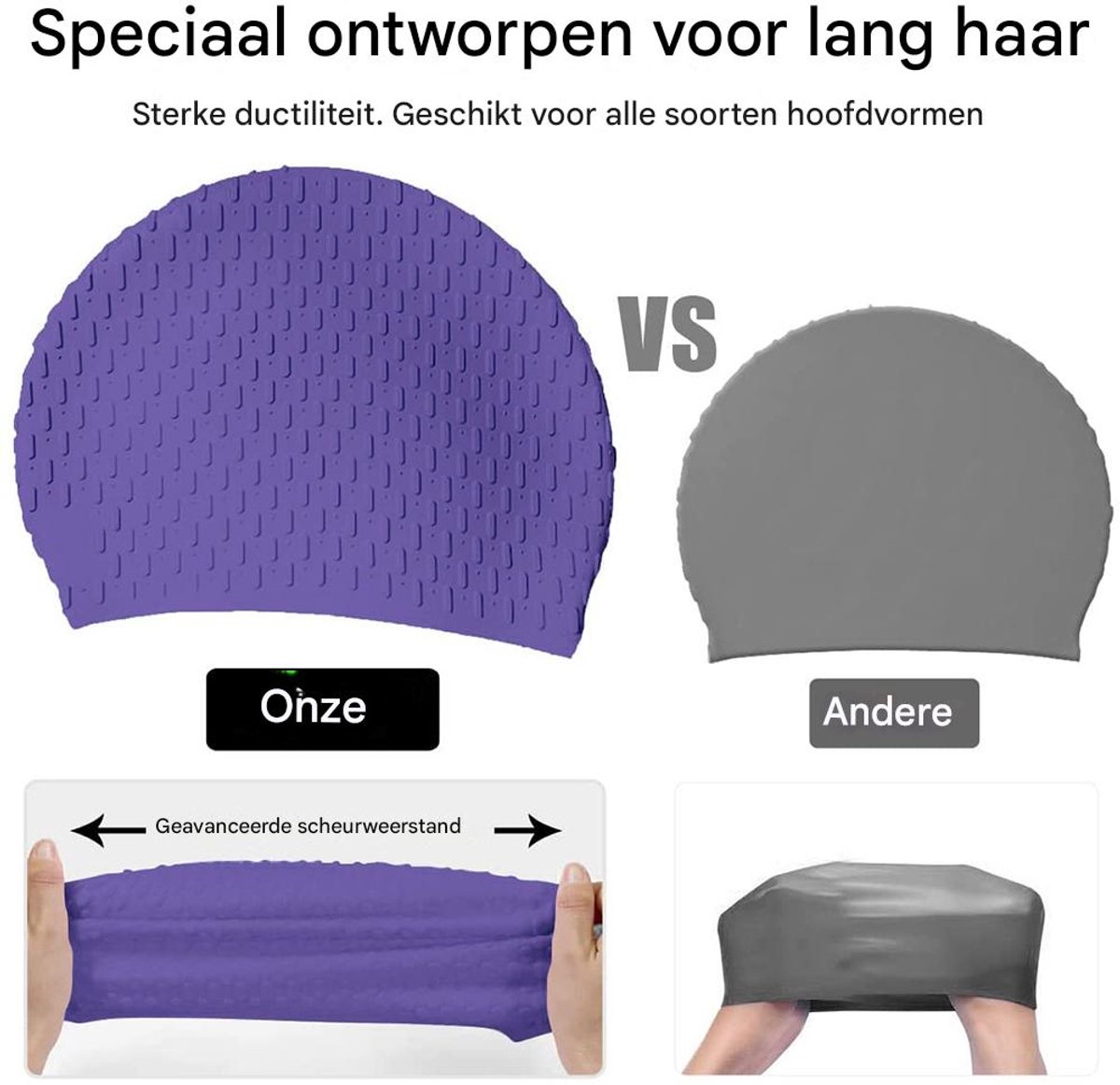 TuseRxln Badmuts Dames - Swimming Cap - Waterdicht en Elastisch - 1 - Voor Dames, Lila — afbeelding 2