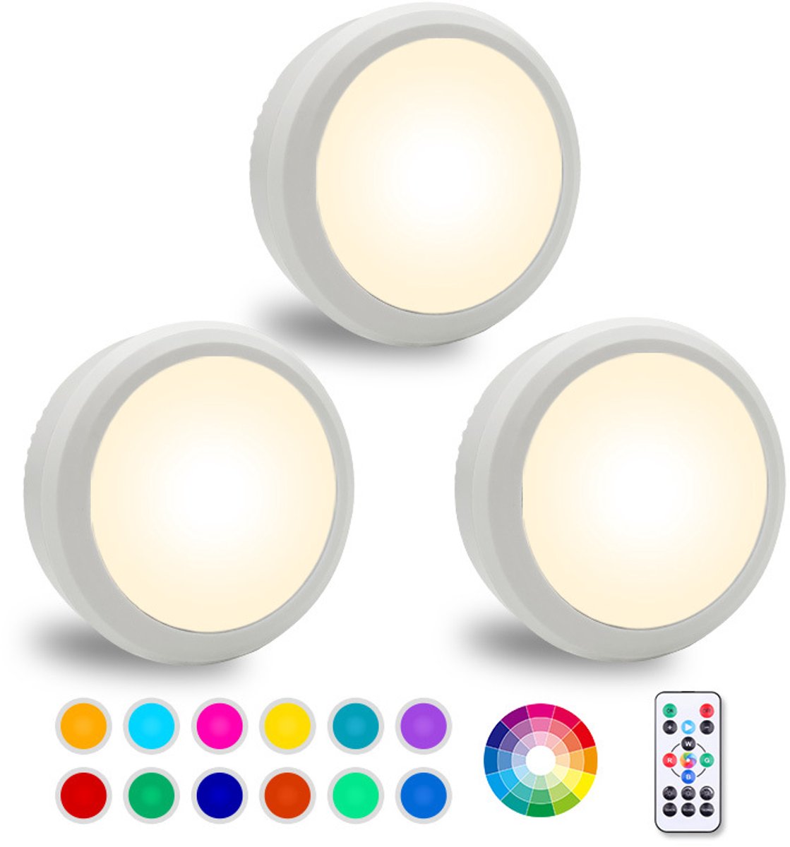 Daity 3-pack - LED-nachtlampje - afstandsbediening - 16 kleuren, verwisselbare kastlamp - nachtlampje op batterijen met dimmer en timer voor kledingkast - slaapkamer - keuken (wit, 8*2,8 cm)