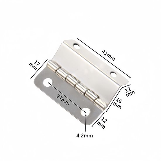Een zilverkleurig scharnier met afmetingen zoals 41mm, 27mm en 16mm.