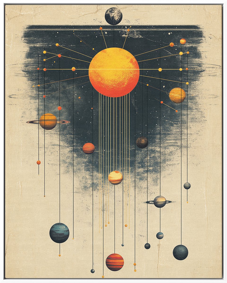 Wanddecoratie Zonnestelsel - Schilderij van Planeten in Vintage Stijl op Canvas - Retro Ruimte Kunst voor Woonkamer, Slaapkamer of Kantoor