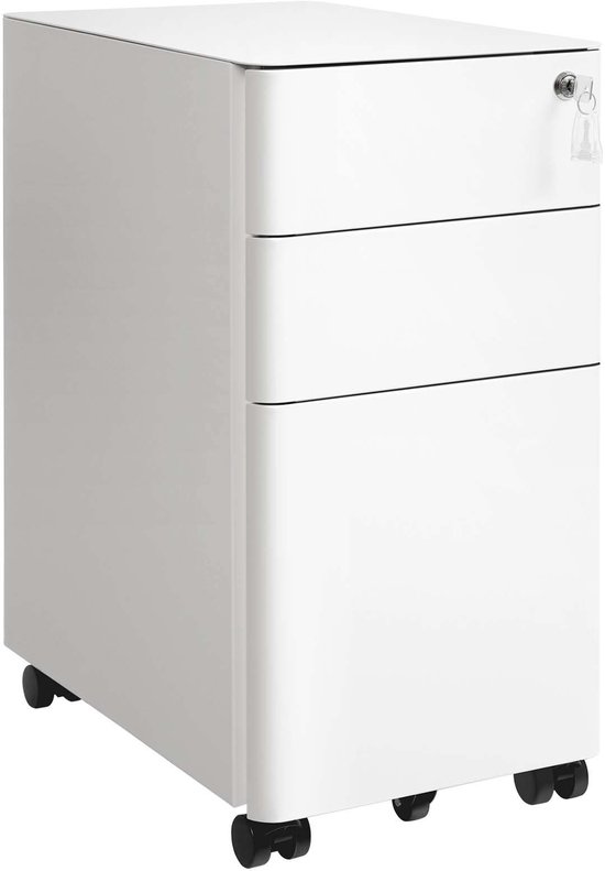 Witte metalen ladekast met 3 laden en een slot, op zwenkwieltjes.