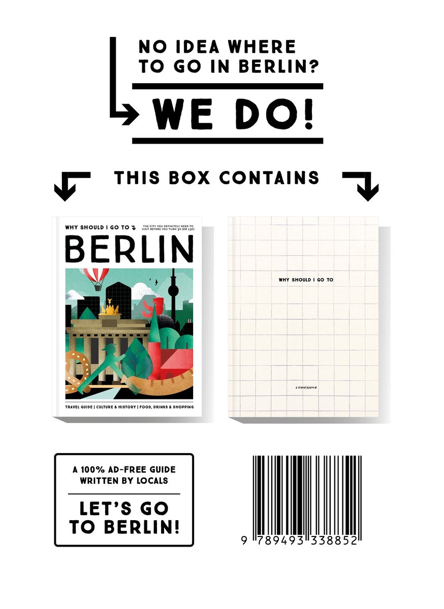Doos met 'Why Should I Go To Berlin' gids en reisdagboek, met de tekst 'No idea where to go in Berlin? We do!' en een barcode.