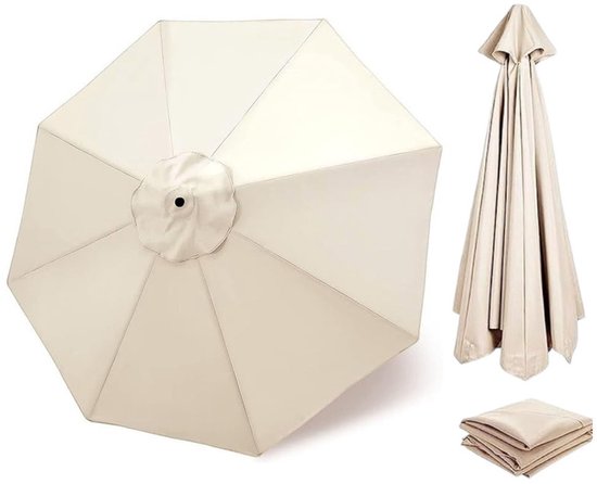 Een beige parasolkap, opengeklapt, naast een gesloten parasol en een opgevouwen hoes.