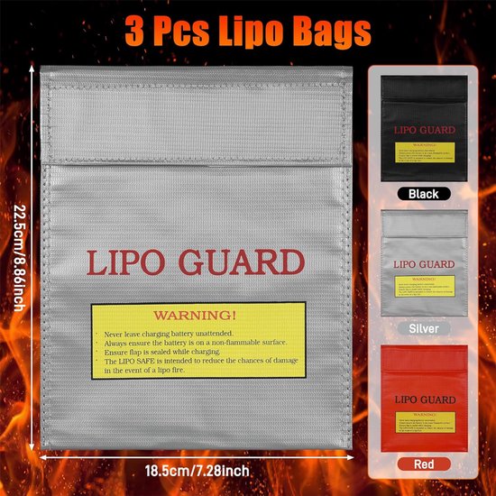 Drie LIPO GUARD tassen in zwart, zilver en rood, met afmetingen van 22.5 cm bij 18.5 cm.