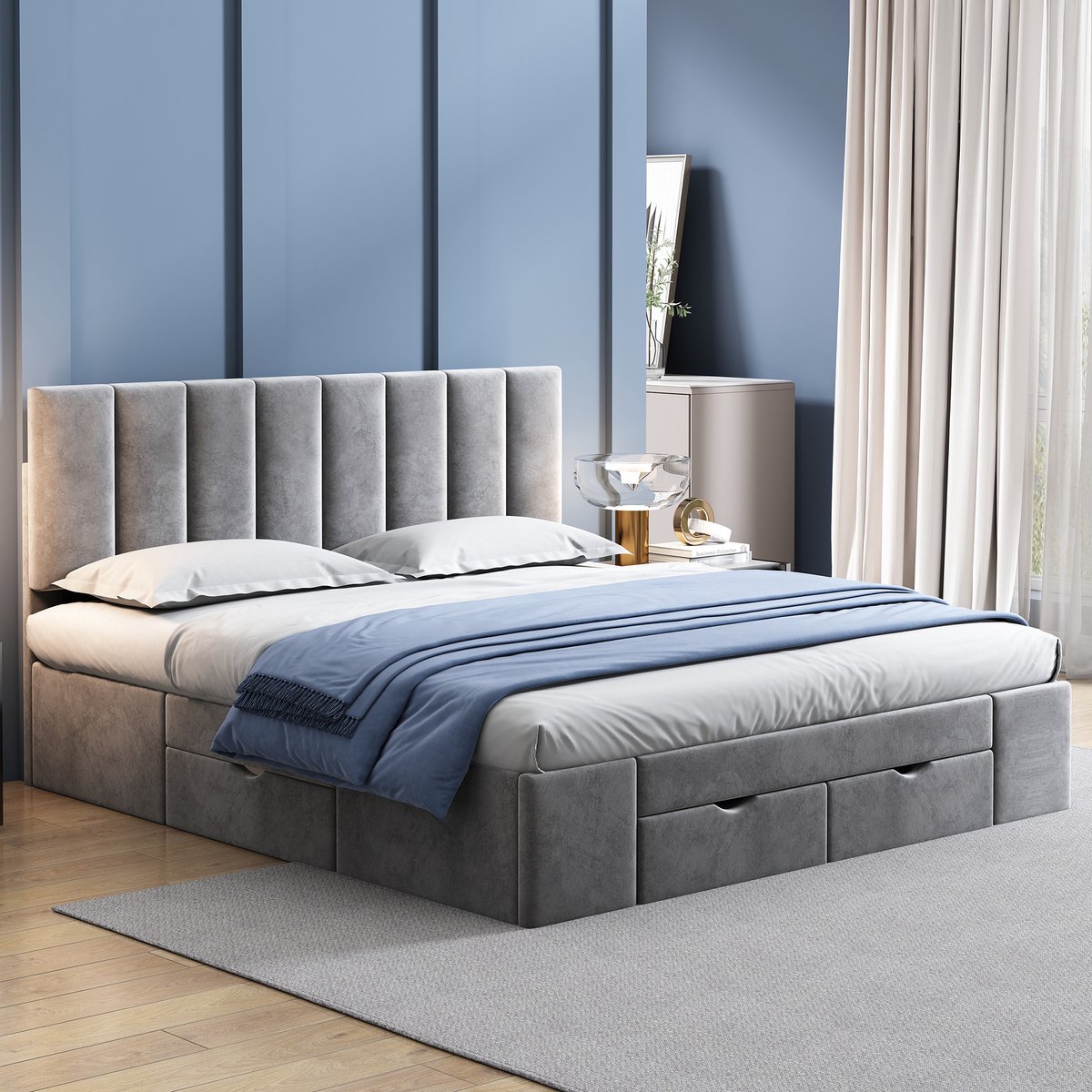 Polsterbed 160 x 200 cm - fluwelen kussens - met latwerk rugleuning - 4 laden - grijs
