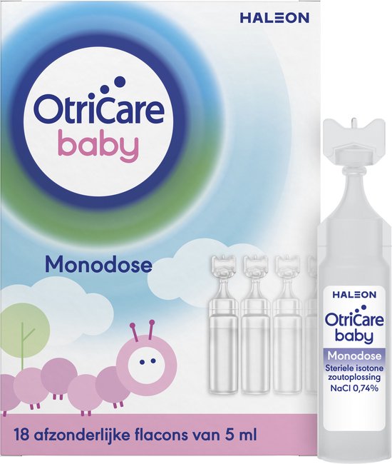 Otricare Baby Monodose doos met 18 flacons van 5ml, met een enkel flesje ernaast.