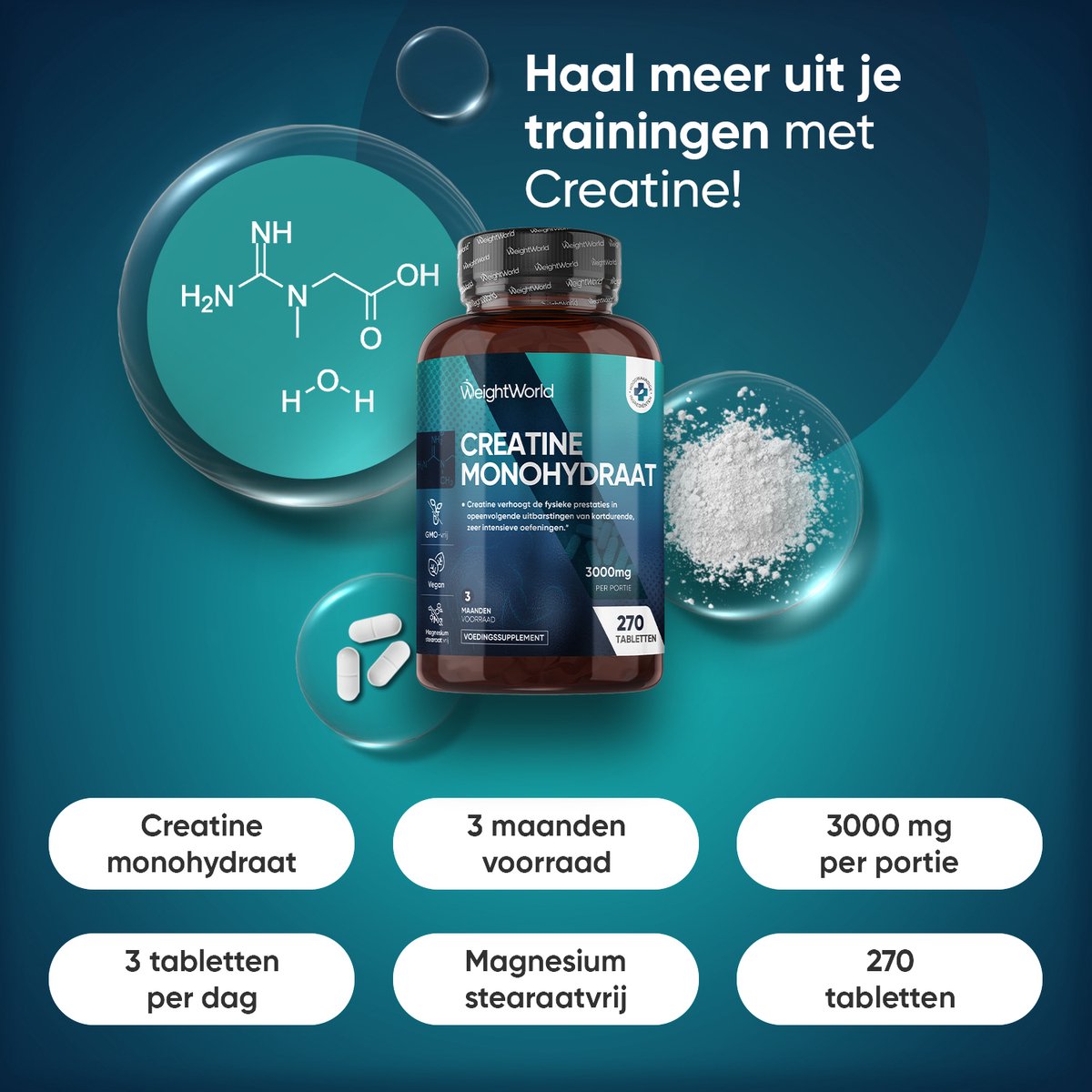 WeightWorld Creatine Monohydraat - 3000 mg - 270 vegan creatine monohydrate tabletten voor 3 maanden — afbeelding 2