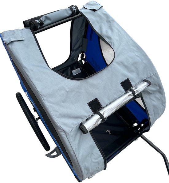 Bovenkant van een blauw-grijze hondenfietskar met ritsen en handvatten.
