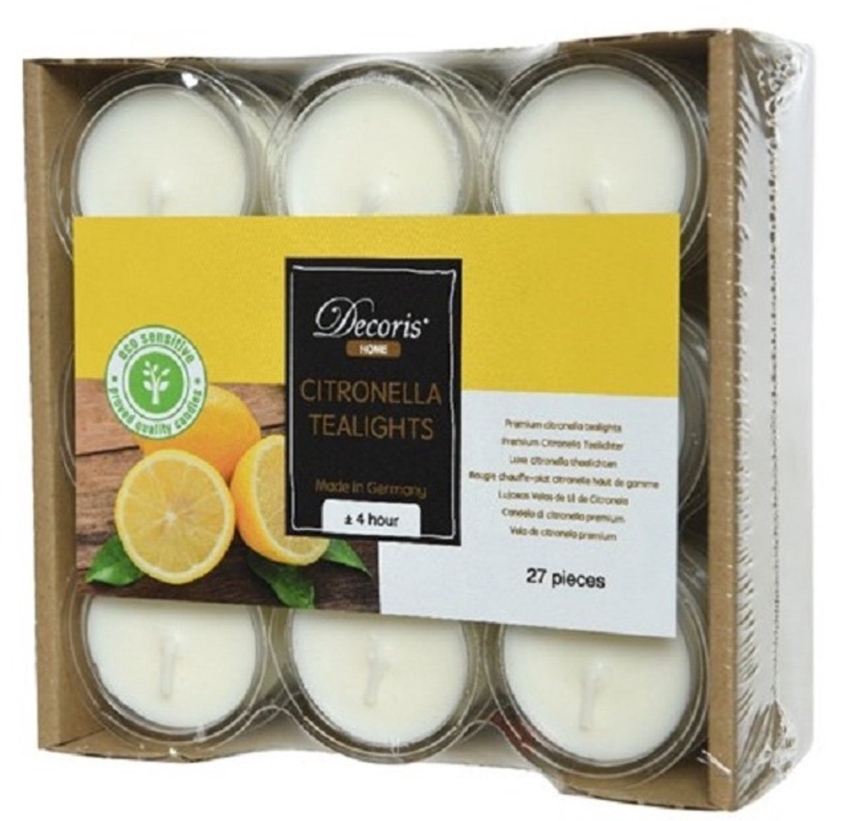 Decoris Geurkaarsen - Citrus Citronella geur - 54x stuks - 4 branduren - kaarsjes Geel