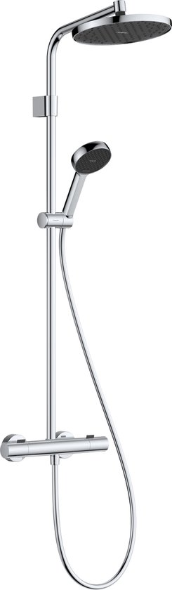 Ensemble de douche Hansgrohe chromé brillant avec mitigeur thermostatique, douche de tête et douchette à main sur fond noir.