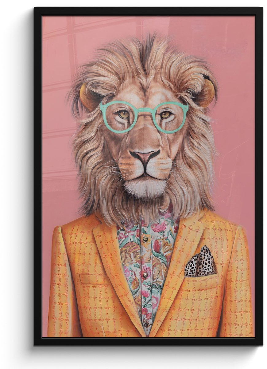 FrameYourWall Poster in lijst - Fotolijst 60x90 cm - Posters - Leeuw - Pak - Geruit - Bril - Posterlijst zwart - Decoratie - Wanddecoratie woonkamer - Muurdecoratie slaapkamer