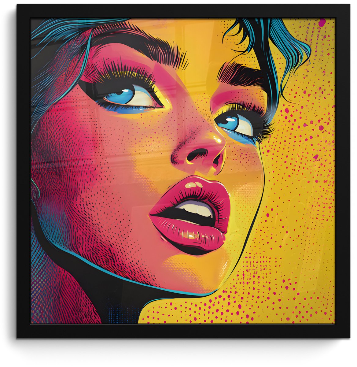 FrameYourWall Poster in lijst - Fotolijst 40x40 cm - Posters - Close-up - Vrouwengezicht - Stippen - Geel - Posterlijst zwart - Decoratie - Wanddecoratie woonkamer - Muurdecoratie slaapkamer Gezicht - Vrouw