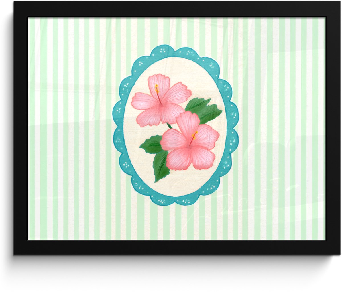 FrameYourWall Poster in lijst - Fotolijst 40x30 cm - Posters - Bloemen - Ovaal - Strepen - Groen - Posterlijst zwart - Decoratie - Wanddecoratie woonkamer - Muurdecoratie slaapkamer Bloemen - Strepen