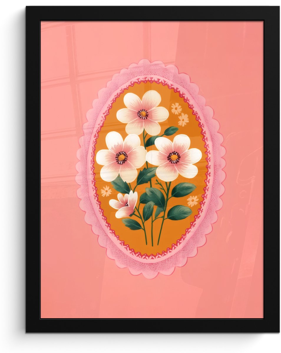 FrameYourWall Poster in lijst - Fotolijst 30x40 cm - Posters - Illustratie - Bloemen - Rand - Roze - Posterlijst zwart - Decoratie - Wanddecoratie woonkamer - Muurdecoratie slaapkamer
