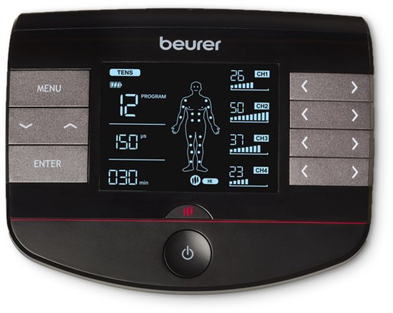 Beurer EM 89 Heat – EMS Trainer met TENS, Massage & Warmtefunctie – 4-in-1 Spierstimulator – 64 Programma’s – 8 Elektroden – 4 Kanalen – Oplaadbaar – Pijnverlichting & Spierherstel – Incl. Opbergzak – 5 Jaar Garantie