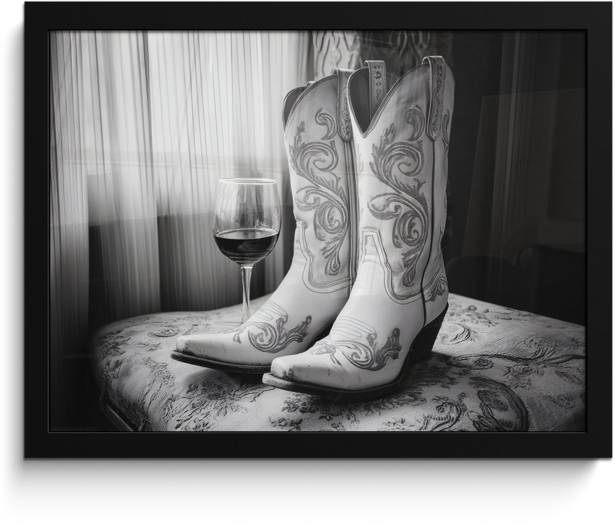 FrameYourWall Poster in lijst - Fotolijst 40x30 cm - Posters - Wijn - Cowboylaarzen - Raamlicht - Wit - Posterlijst zwart - Decoratie - Wanddecoratie woonkamer - Muurdecoratie slaapkamer Cowboylaarzen - Wijn