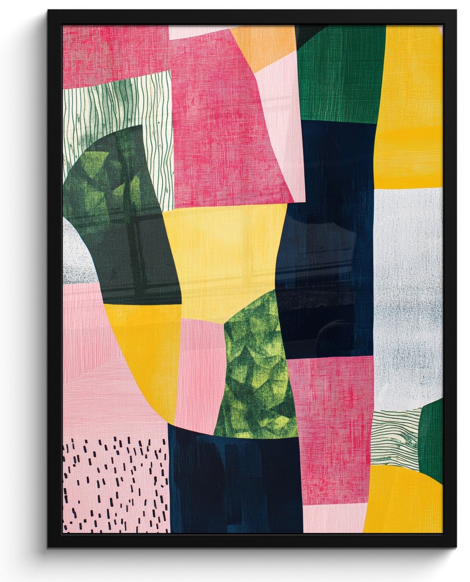 FrameYourWall Poster in lijst - Fotolijst 60x80 cm - Posters - Abstract - Roze - Lappen - Vormen - Geel - Posterlijst zwart - Decoratie - Wanddecoratie woonkamer - Muurdecoratie slaapkamer