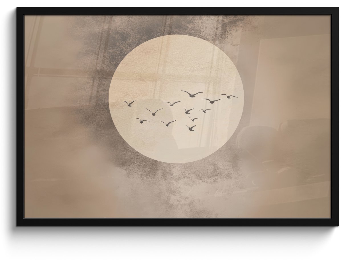 FrameYourWall Poster in lijst - Fotolijst 90x60 cm - Posters - Vogel - Beige - Japandi - Posterlijst zwart - Decoratie - Wanddecoratie woonkamer - Muurdecoratie slaapkamer Japandi - Vogels